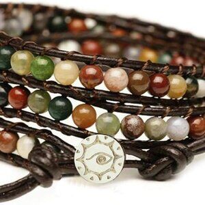 Chic 3 Wrap Leather Bracelet with Natural Agate - Handcrafted 23" Luxury Piece
